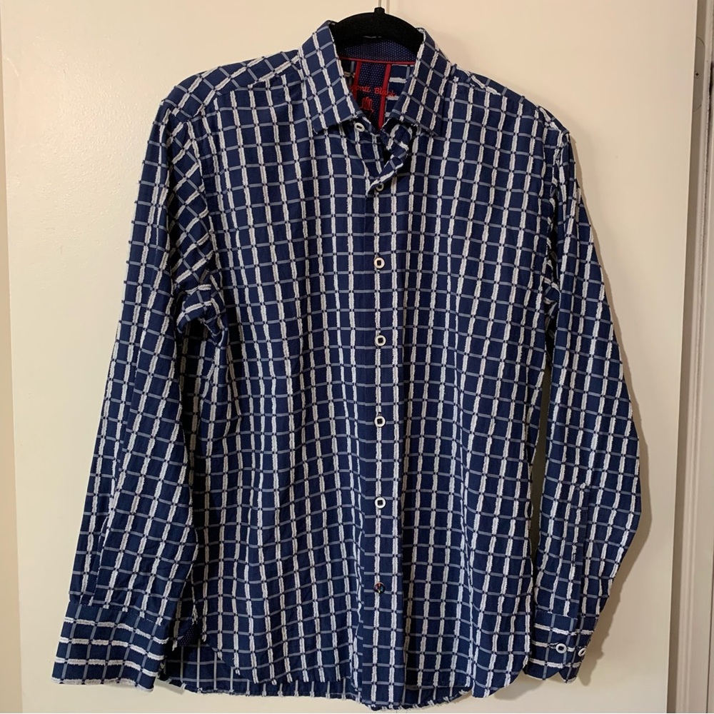 Luciano Visconti Black Blue Plaid Long Sleeve Button Down Shirt